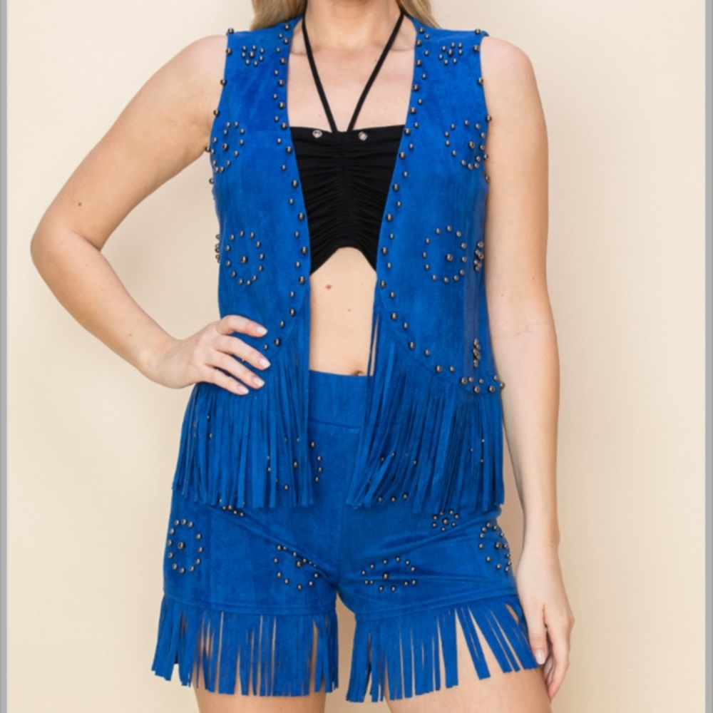 Vocal Stud Embellished Fringe Vest, feels like suede but washable, Royal Blue . - Picture 2 of 10